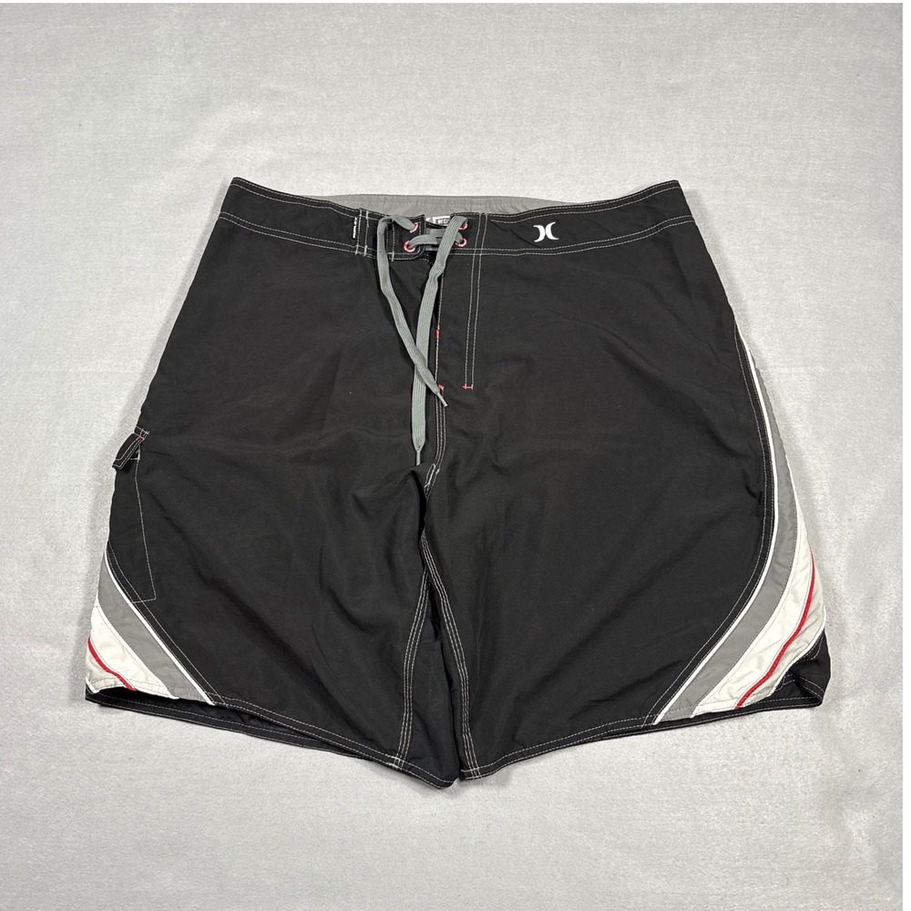 Hurley Mens Board Shorts Black Grey White Red Stripe Swim Trunks Size 34